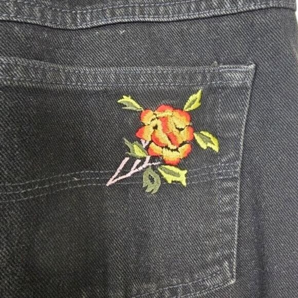 Vintage 90s Y2K Express Black Denim Bootcut Jeans 9/10 Floral Embroidered Boho - Picture 4 of 8